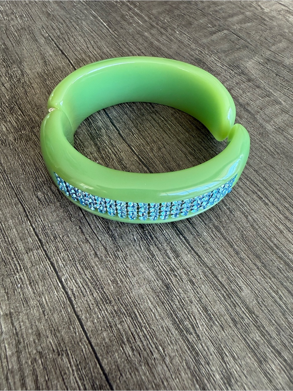Spring Green Resin Bangle with Aqua Crystal Row